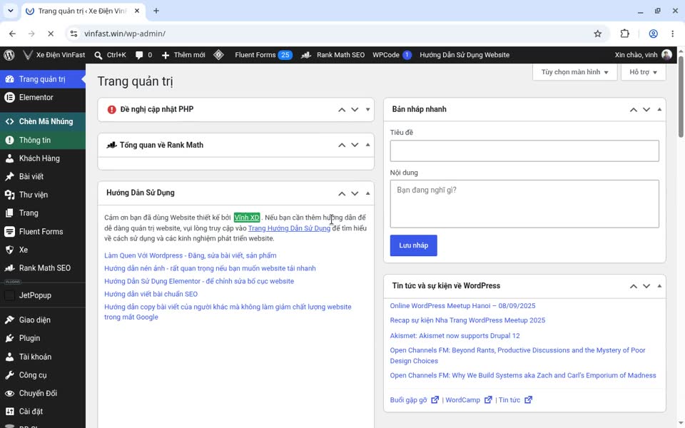Hướng Dẫn Sử Dụng Web Ô tô 1 Trang quản trị sau khi đăng nhập, menu nằm bên trái