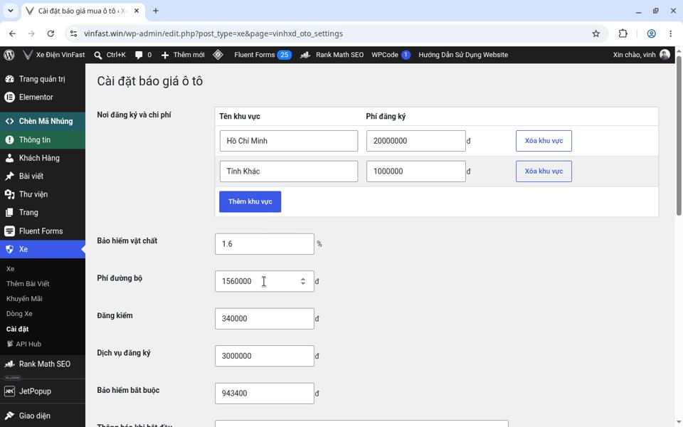 Hướng Dẫn Sử Dụng Web Ô tô 15 Xe › Cài đặt: phí chung